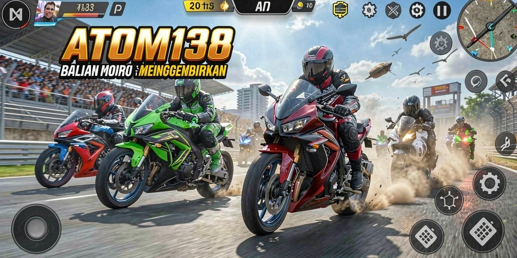 Tampilan gameplay ATOM138 dengan motor balap yang cepat dan rute menantang.