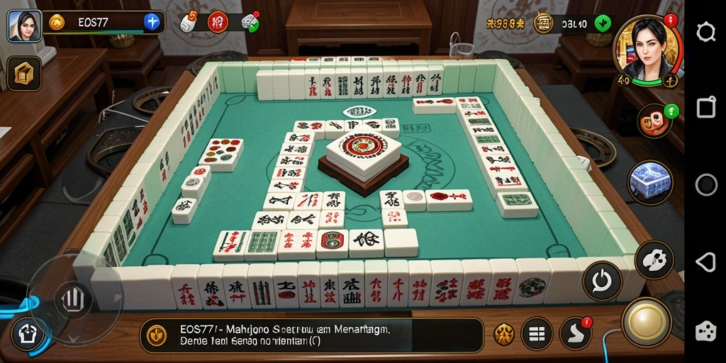 Screenshot gameplay menampilkan pertempuran strategis ubin Mahjong.