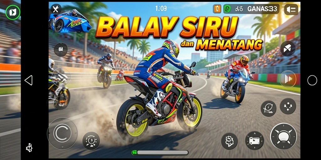 Screenshot utama GANAS33 menampilkan aksi balap motor yang seru dan mendebarkan.