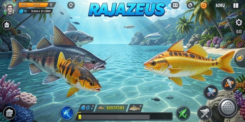 Tampilan gameplay RAJAZEUS dengan aksi tembak ikan yang seru.