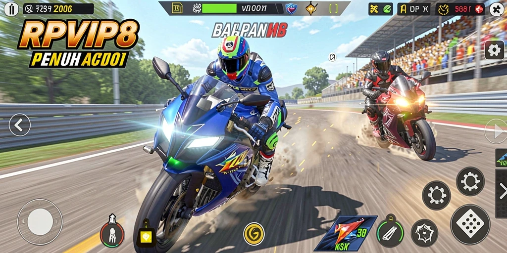 Tampilan gameplay RPVIP8 yang mendebarkan saat balapan motor.