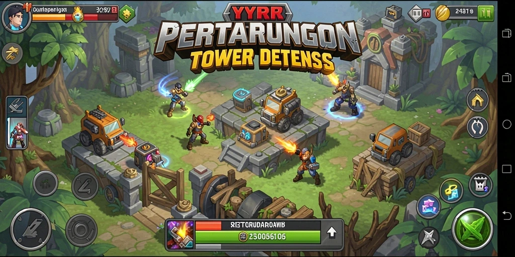 Tampilan gameplay menyenangkan yang menunjukkan menara bertahan dari gelombang musuh.